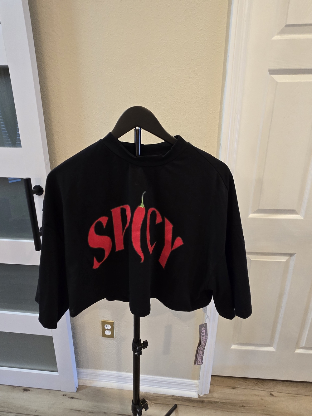 Black Womens 'Spicy' Graphic Crop Tee - Red Print